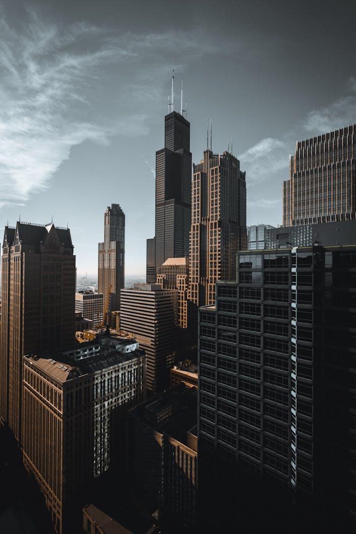Elevated view of Chicagos modern skyline with the iconic Willis Tower.